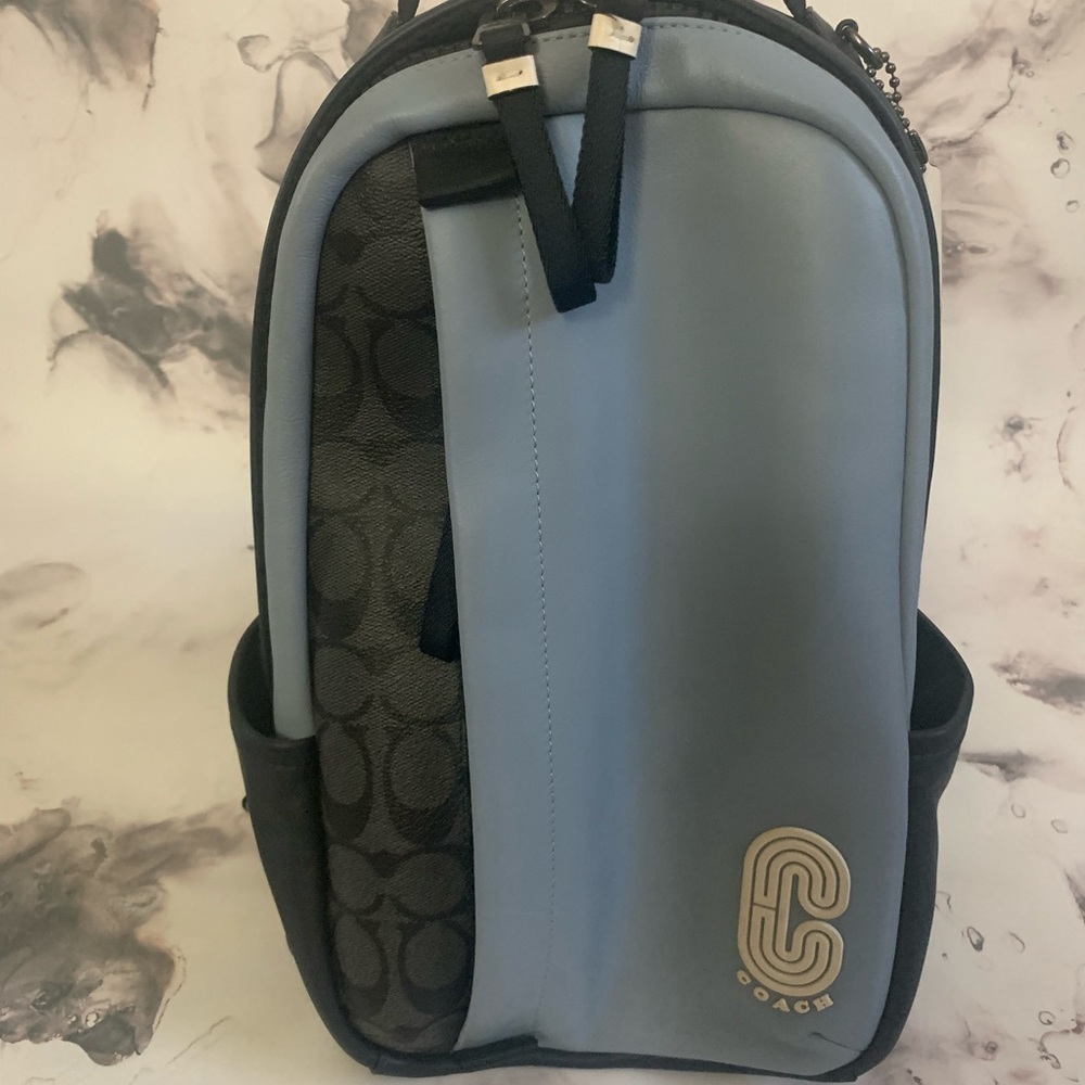Coach Blue/black leather bag with monogrammed canvas details